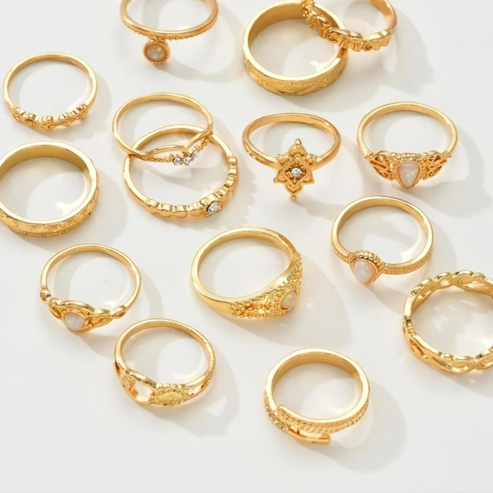 Gold Opal Accent Women's Ring Set - 15 Pack